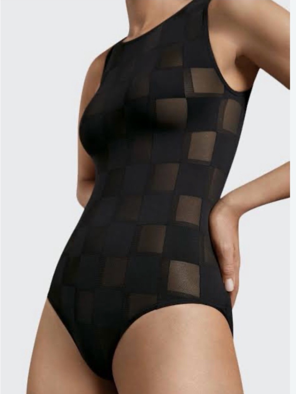 Wolford Tethys Black Textured Sheer-Panel Sleeveless Bodysuit NWT
